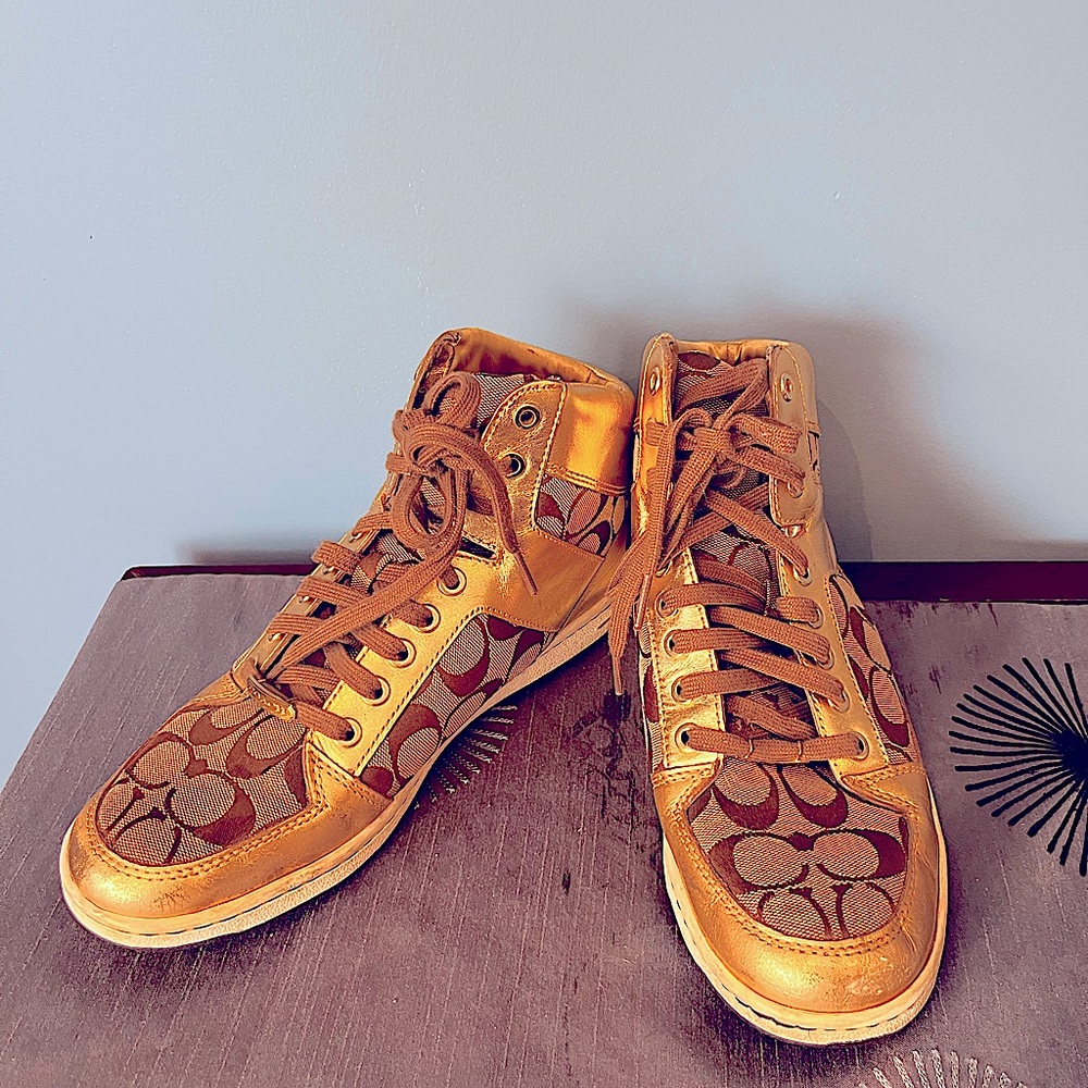 Coach Brand Norra Gold Color with tan & beige Hightop Sneakers Size women’s 10